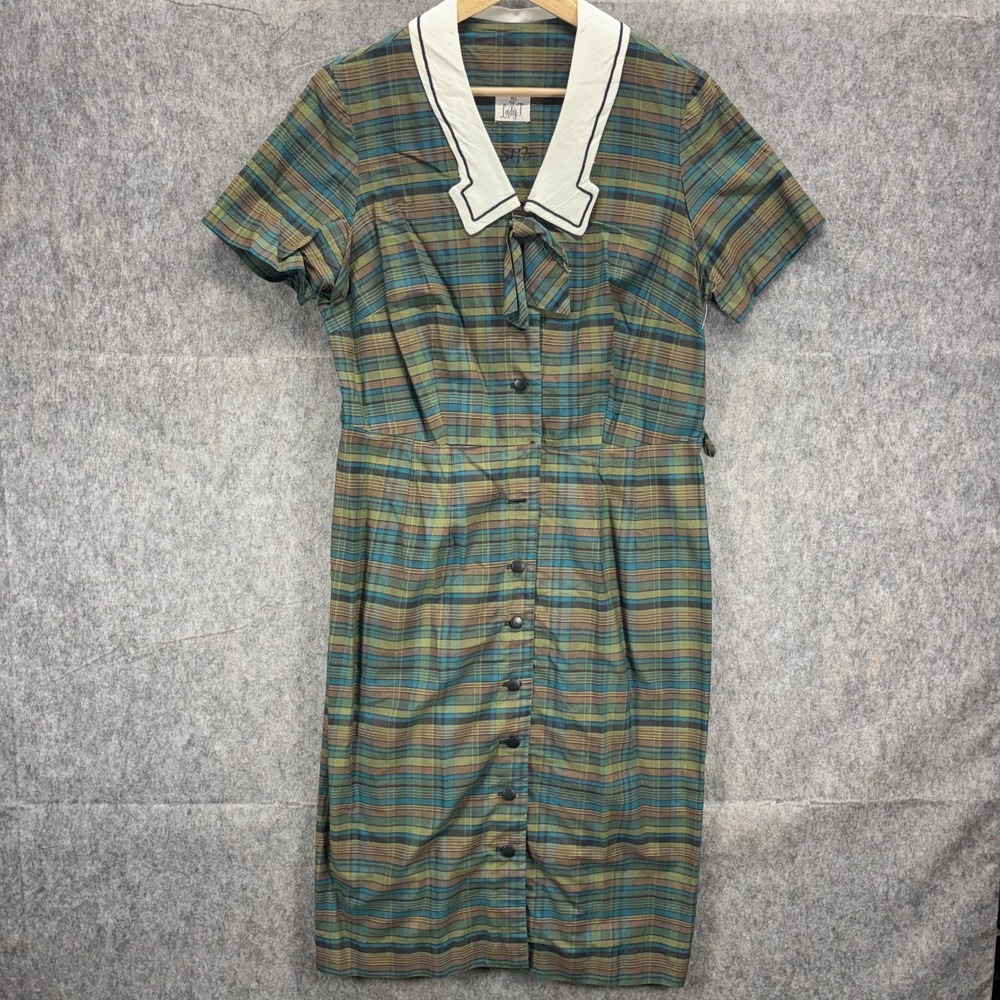 True Vintage 50 60s Shirt Waist Day Dress Women's Medium Green Plaid Cotton USA